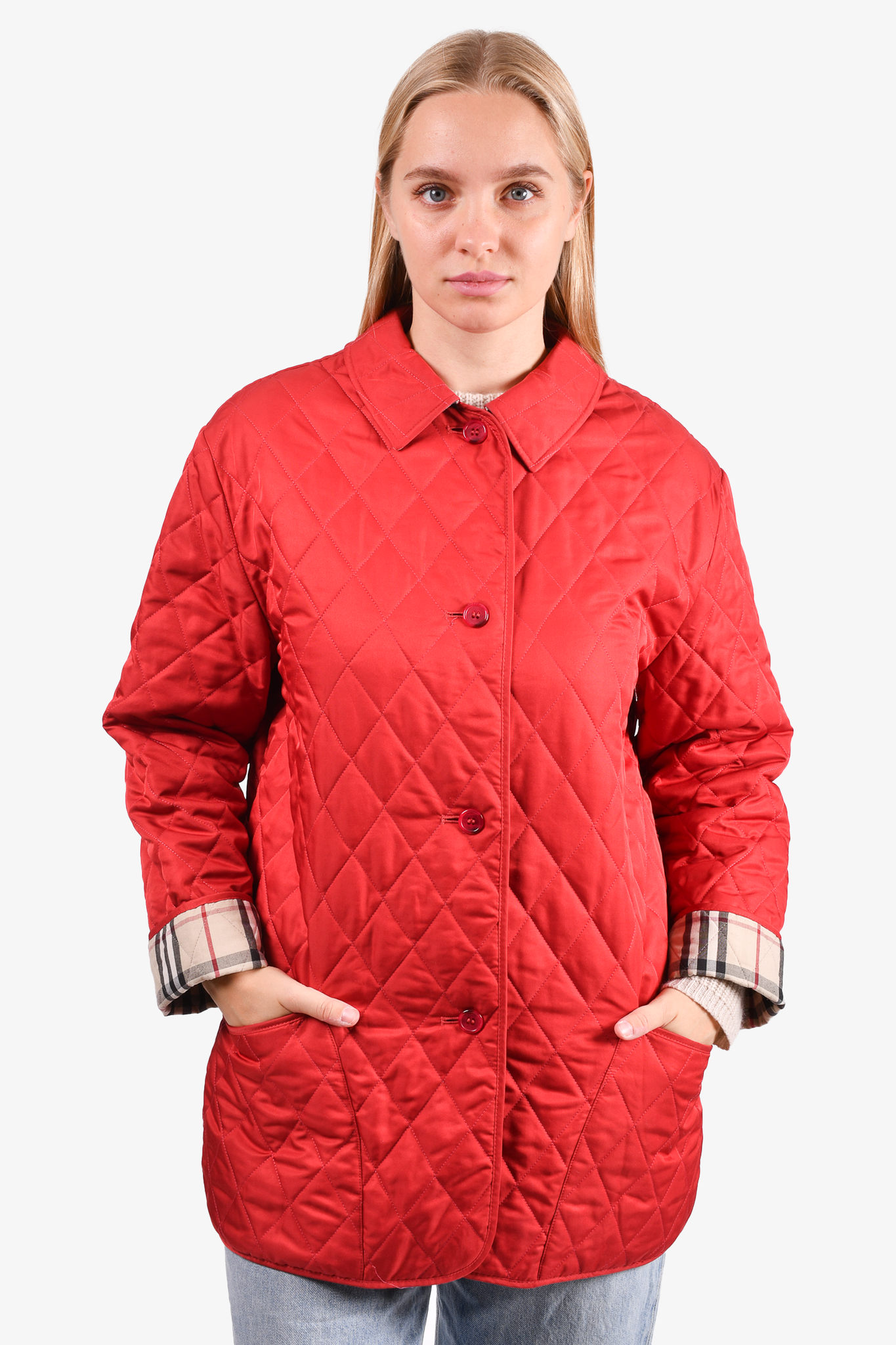 Red quilted cheap burberry jacket