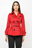 Burberry London Red Wool/Cashmere Short Belted Coat with Ruffle Hem Size 0
