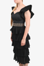 Caroline Constas Black/Gold Embroidered Tiered Ruffle Midi Dress Size 4