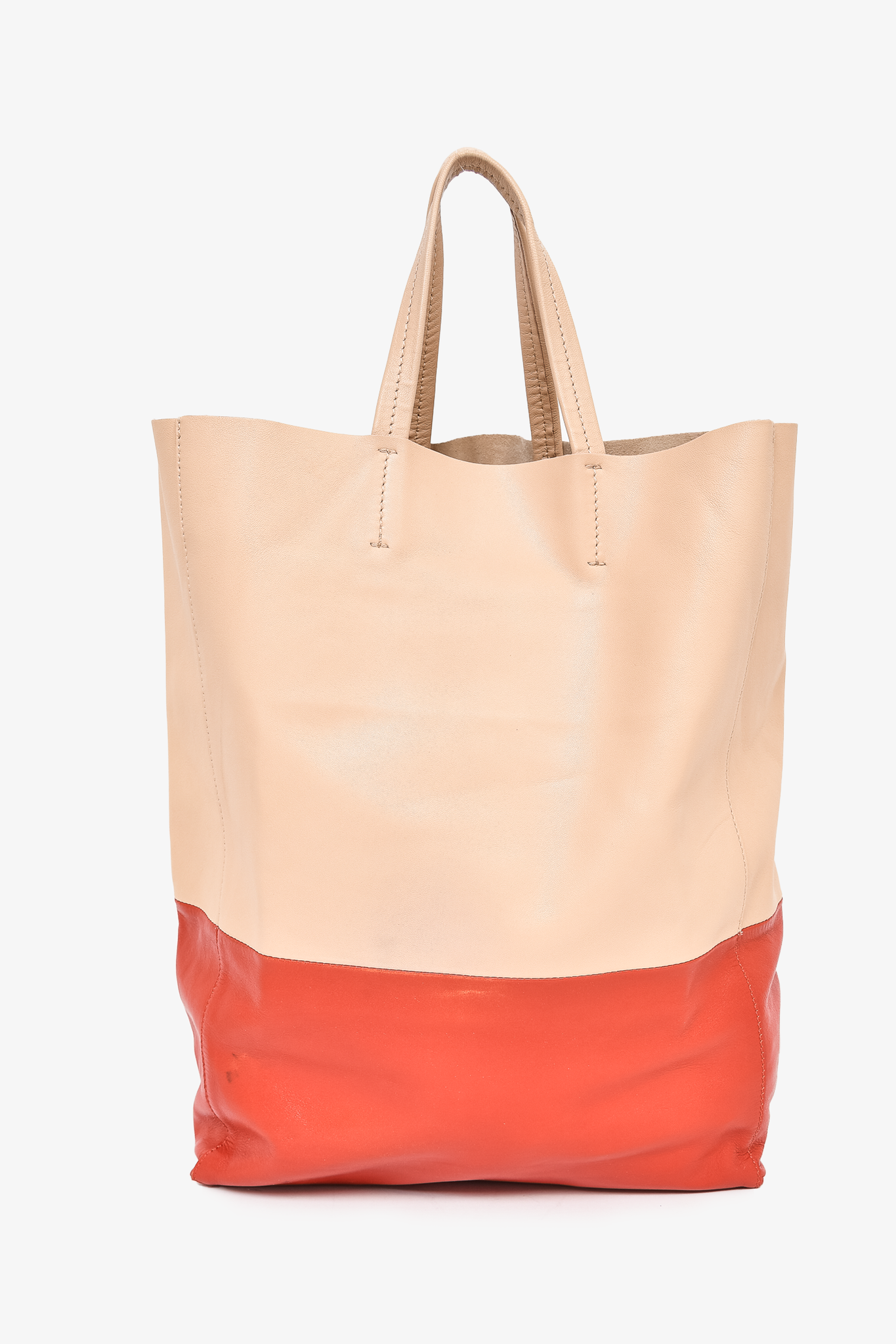 Celine Beige/Red Leather Vertical Cabas Tote (As Is)