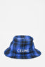 Celine Blue Check Wool Blend Logo Bucket Hat sz S