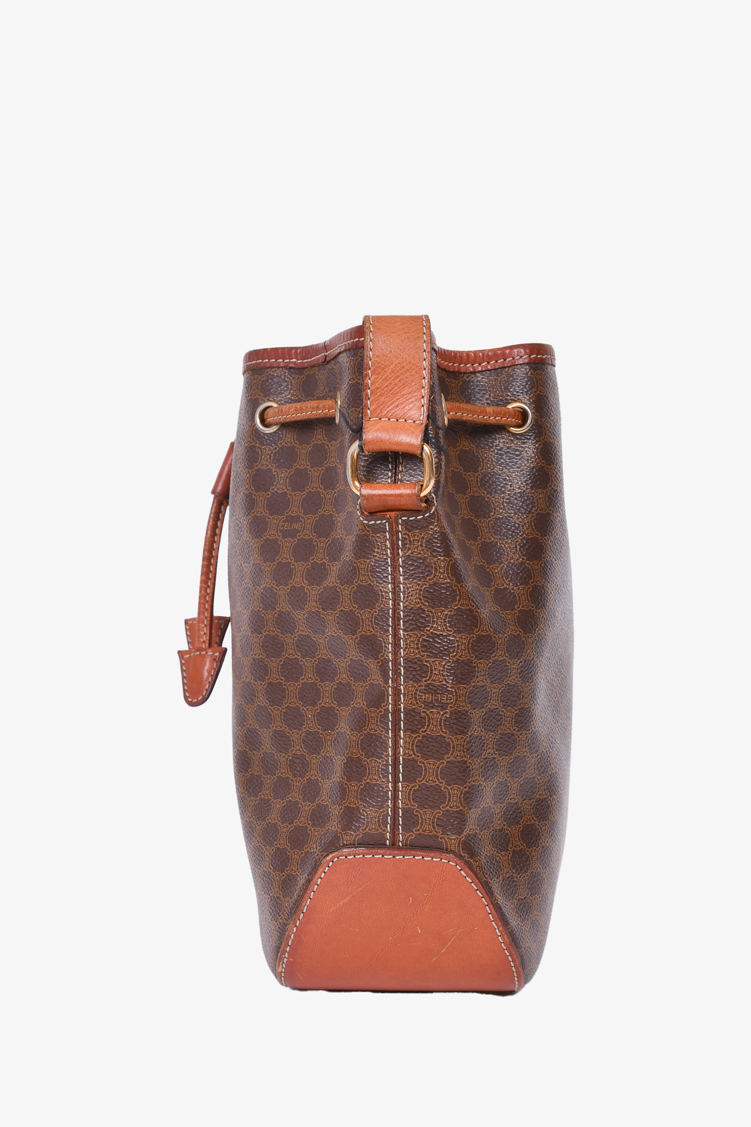 Celine Brown Leather Canvas Monogram Crossbody Bucket Bag