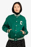Celine Green/White Logo Patch Varsity Bomber Jacket Size 36