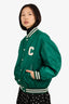 Celine Green/White Logo Patch Varsity Bomber Jacket Size 36