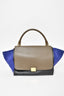 Celine Taupe Grained Leather/Blue Suede Large Trapeze Top Handle Bag
