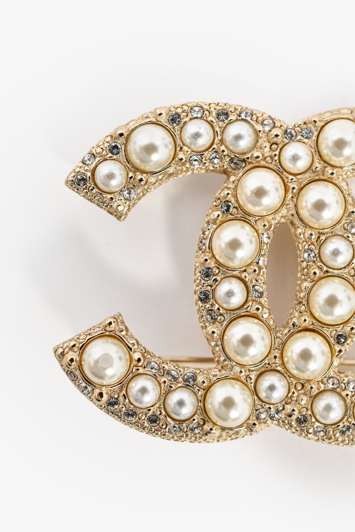 Chanel Gold Toned Faux Pearl/Crystal CC Brooch