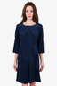 Pre-loved Chanel™ 2013 Navy Cotton Quarter Sleeve Pleated Dress Size 40