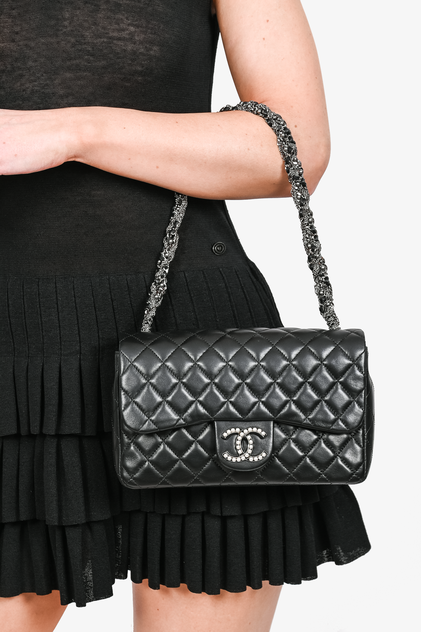 A BLACK LAMBSKIN LEATHER WESTMINSTER PEARLS CONVERTIBLE TOTE WITH PEARL &  SILVER HARDWARE, CHANEL, 2008