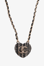 Chanel 2022 Grey/Black Houndstooth Tweed Heart Mirror Locket Chain Link Necklace