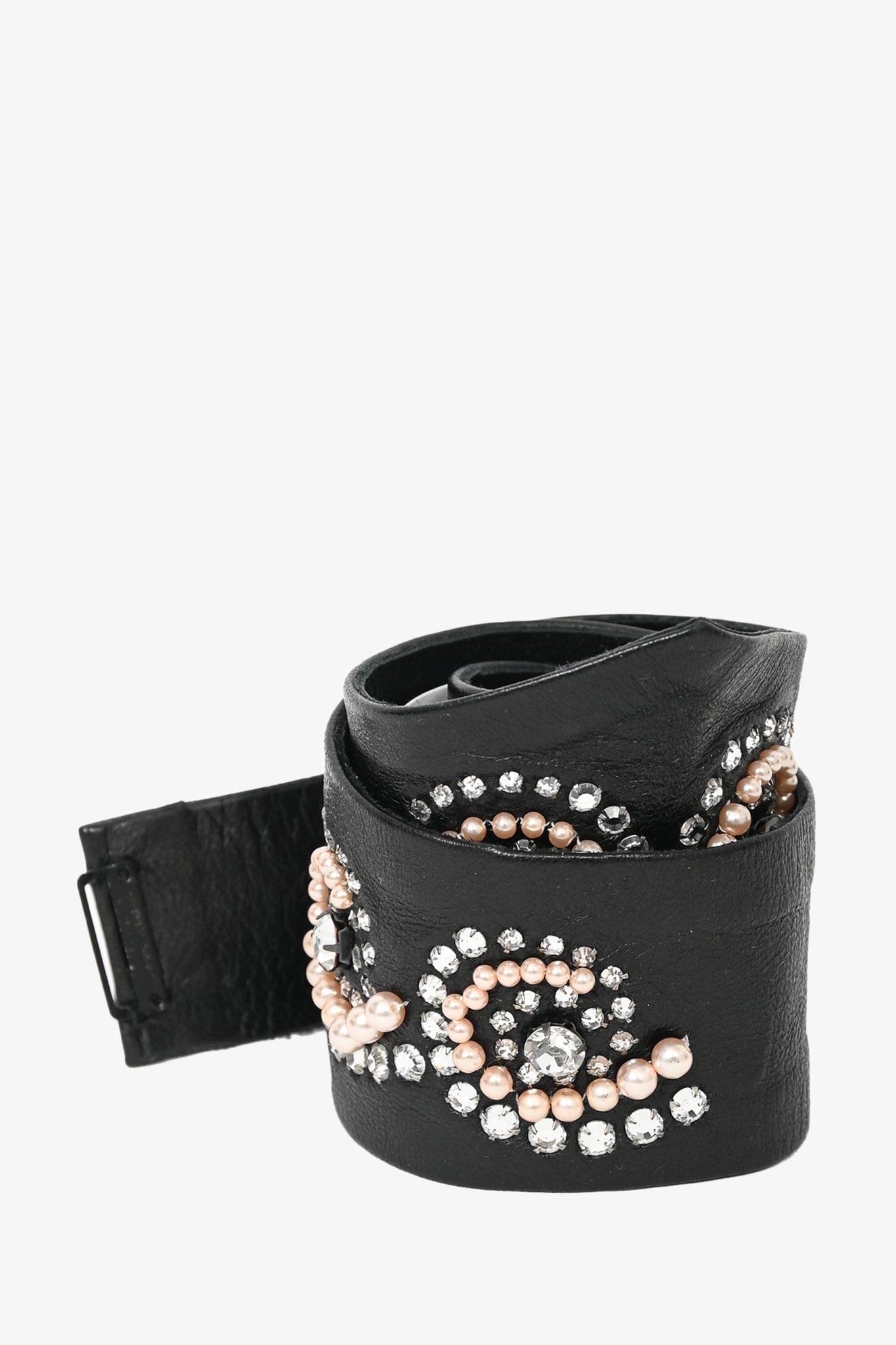 Chanel Autumn 2002 Black Leather Faux Pearl Crystal Embellished Waist Belt Size 36