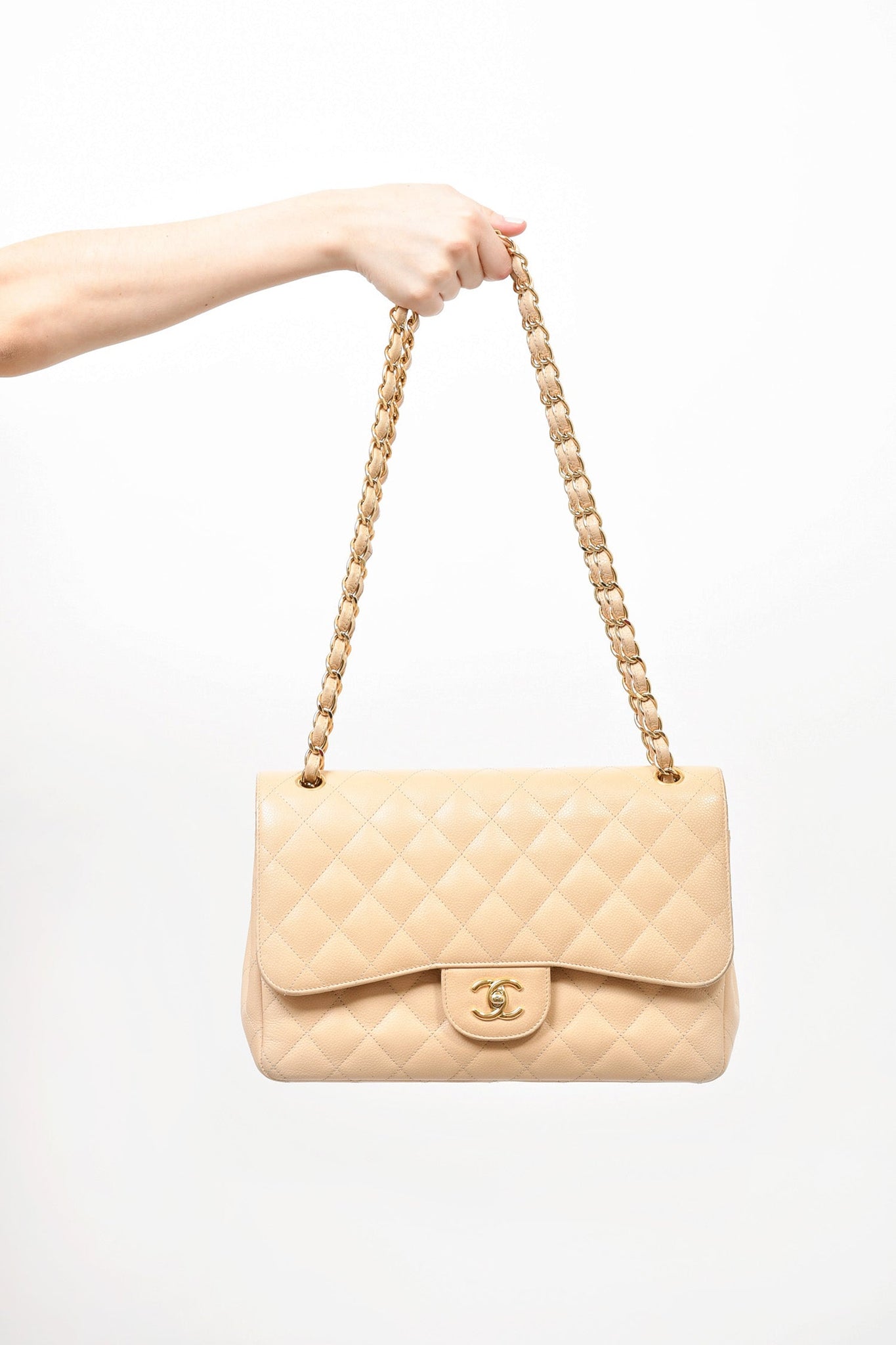 💯% Authentic Chanel Beige Caviar Quilted Jumbo Double Flap Bag with GHW