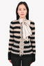 Chanel Black/Cream Cashmere Striped Cardigan with Silk Bow Trim Size 38