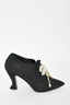 Chanel Black Fabric Lace Up Heels w/ Crystal/Pearl Bow Detail sz 38