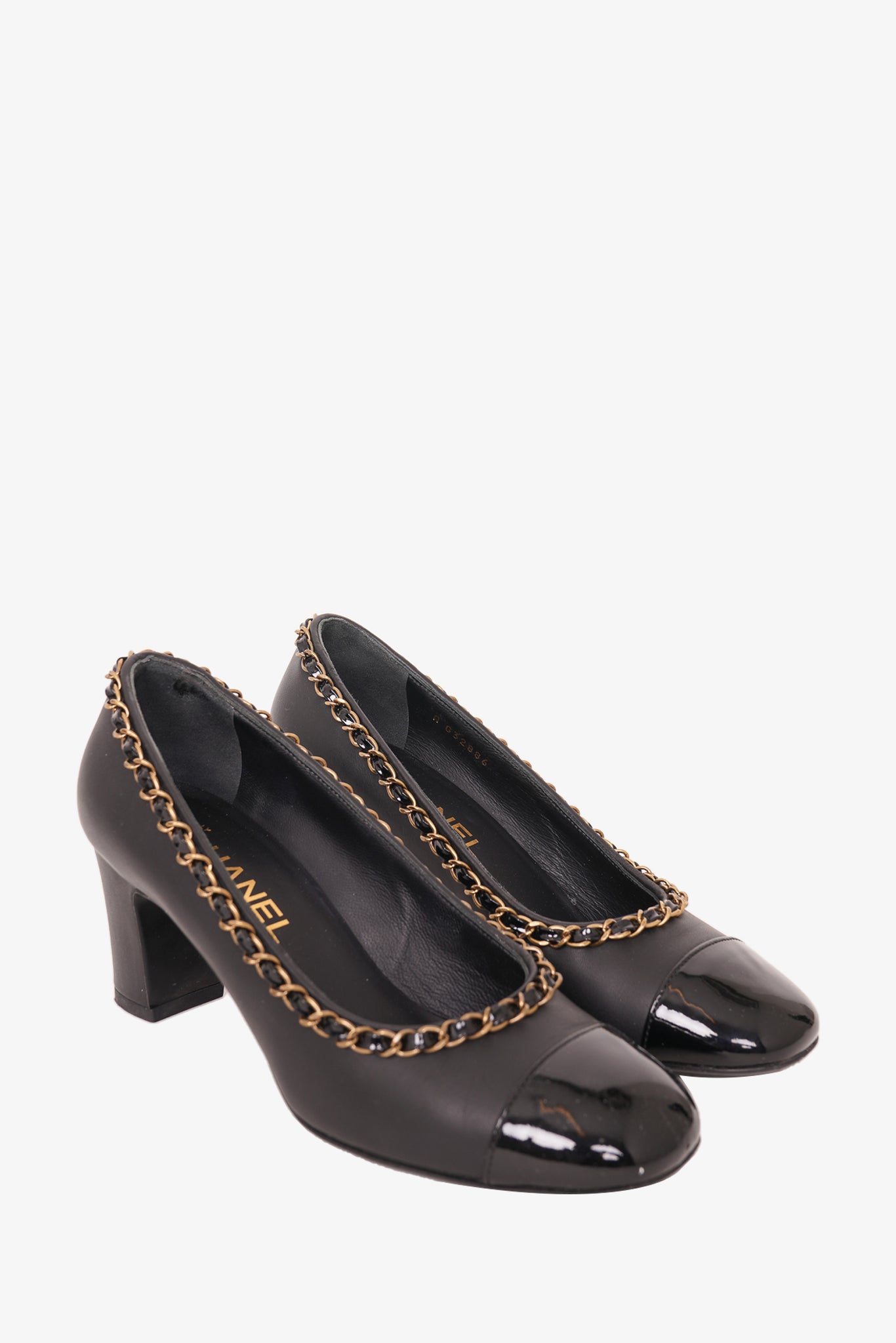 Chanel Black Leather Chain Rounded Heels Size 36.5