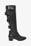 Pre-loved Chanel™ Black Leather Knee High Buckle Detail Boots with Patent Cap Toe Size 38