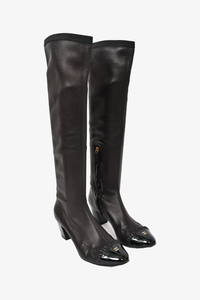 NEW Chanel Cap Toe Leather Ruffle CC Boots Black Patent Heels Zip Almond  Toe 38