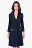 Chanel Black/Navy Tweed Leather Trimmed Single Breasted Coat Size 38
