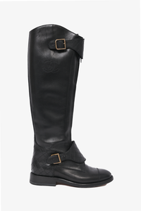 Chanel Black Leather Knee High Riding Boots with Quilted Strap