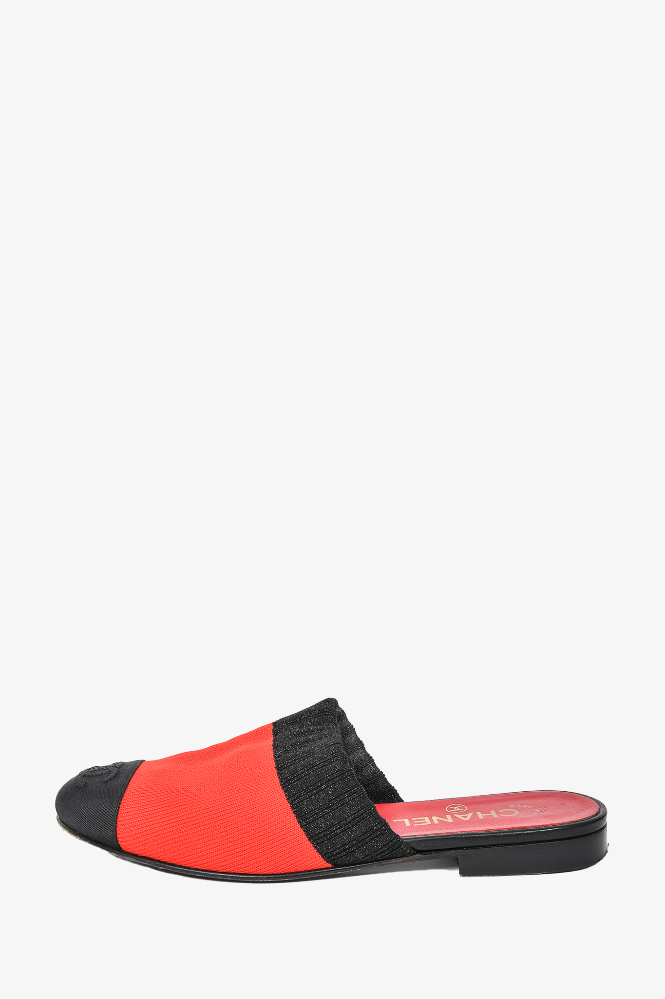 Chanel Red/Black Fabric Flat Mules Size 37
