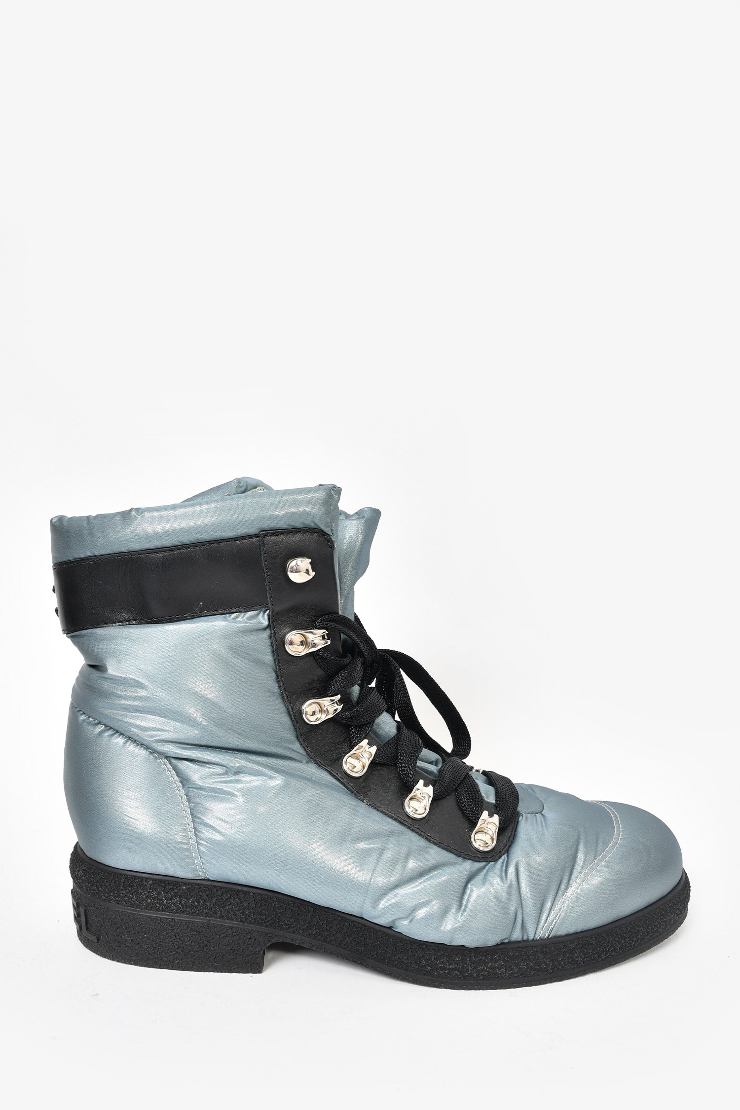 Chanel Shiny Teal Nylon 'Coco Neige' Combat Boots sz 38.5 – Lux
