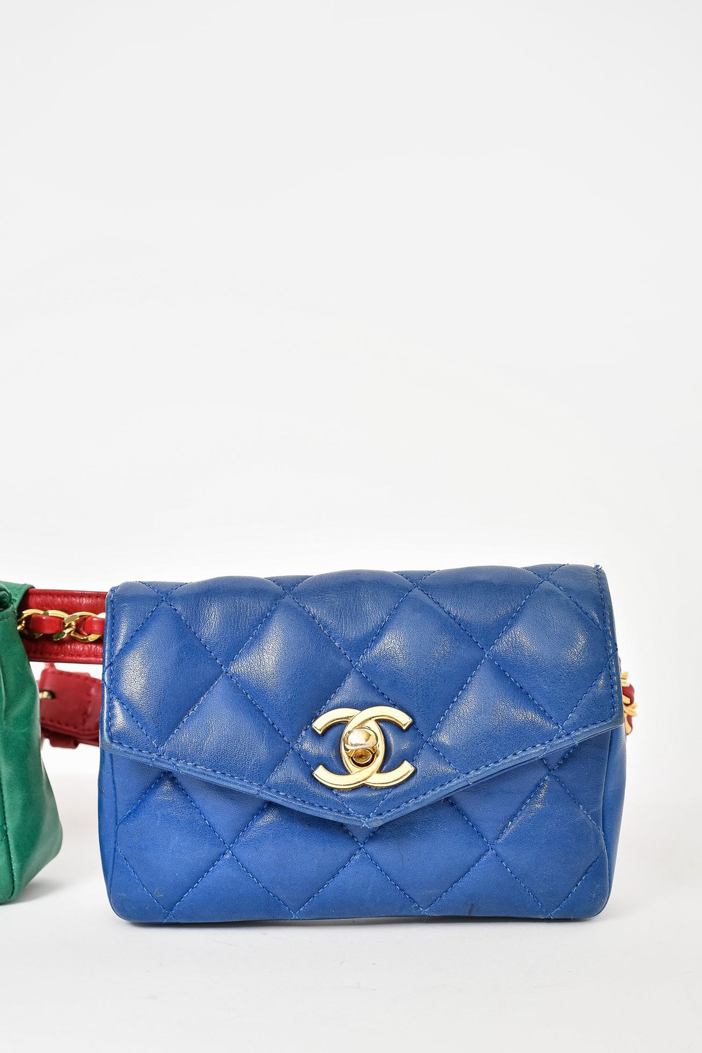 Chanel Vintage 1980's Green/Blue Leather Double Pouch Red Belt Bag