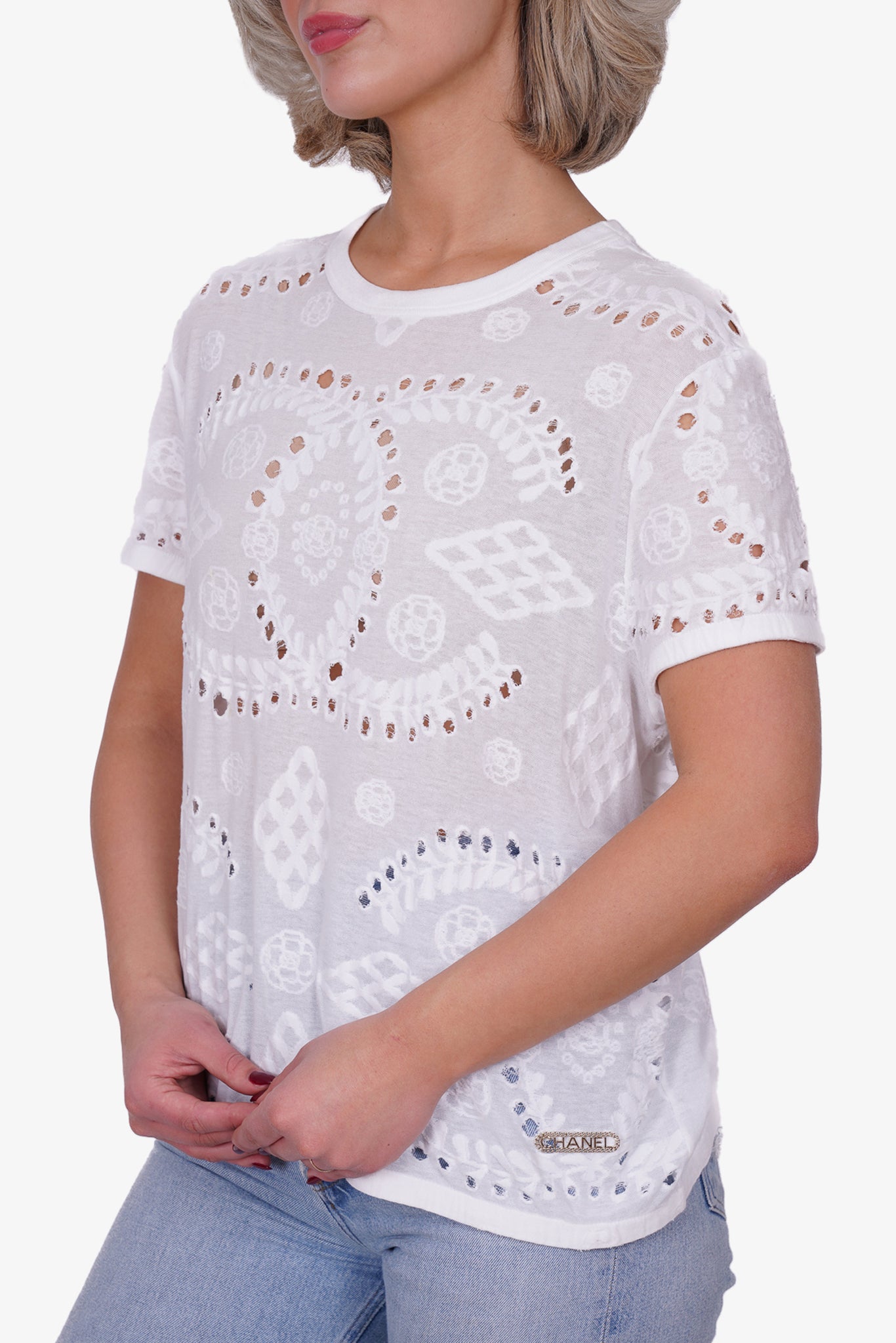 CHANEL CC Logo Cotton Eyelet Embroidered T-Shirt White