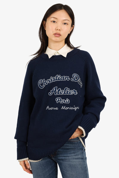 Christian Dior Navy Blue/White Wool 'Atelier' Embroidered Sweater