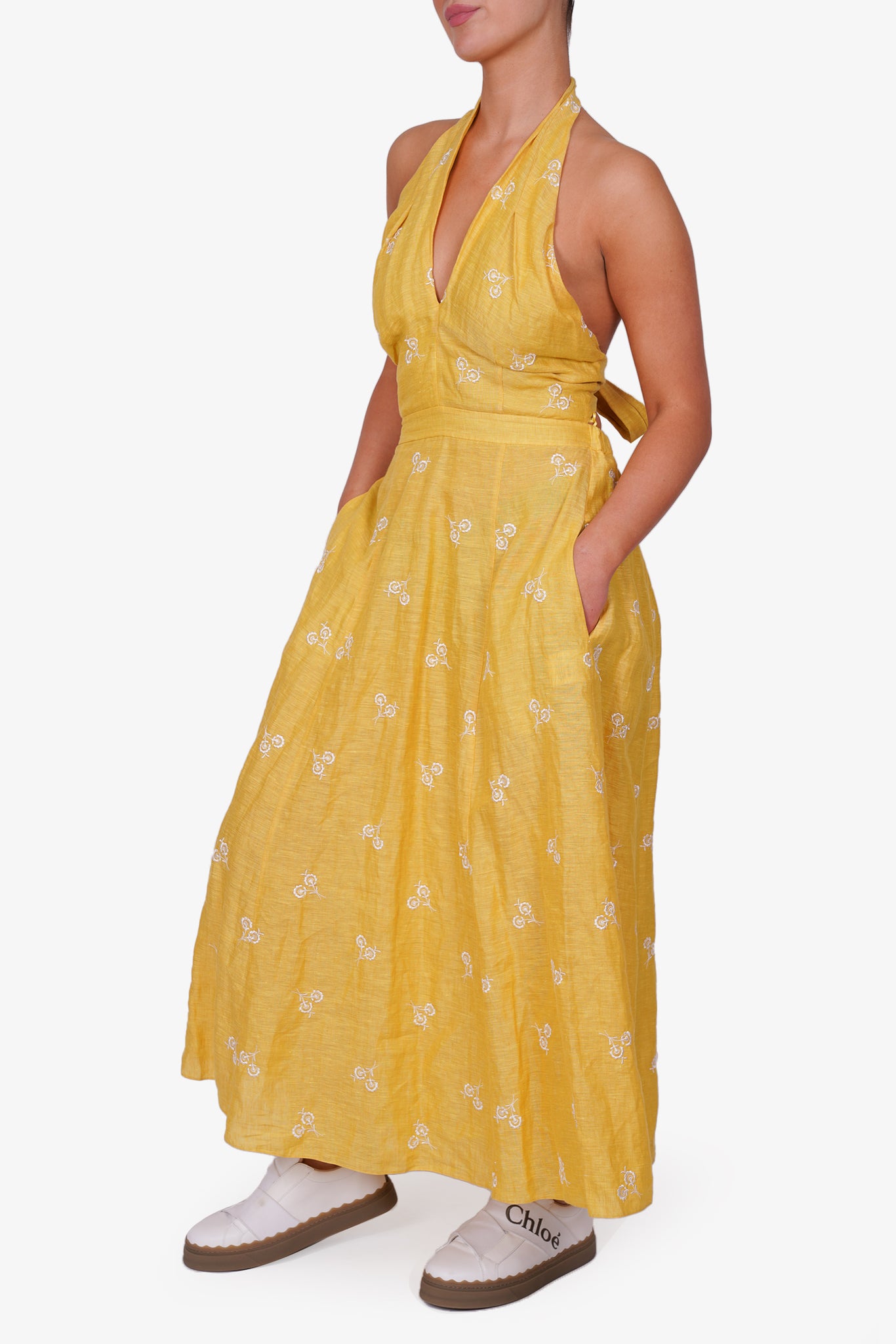 Erdem Yellow/White Floral Embroidered Halterneck Maxi Dress Size 6