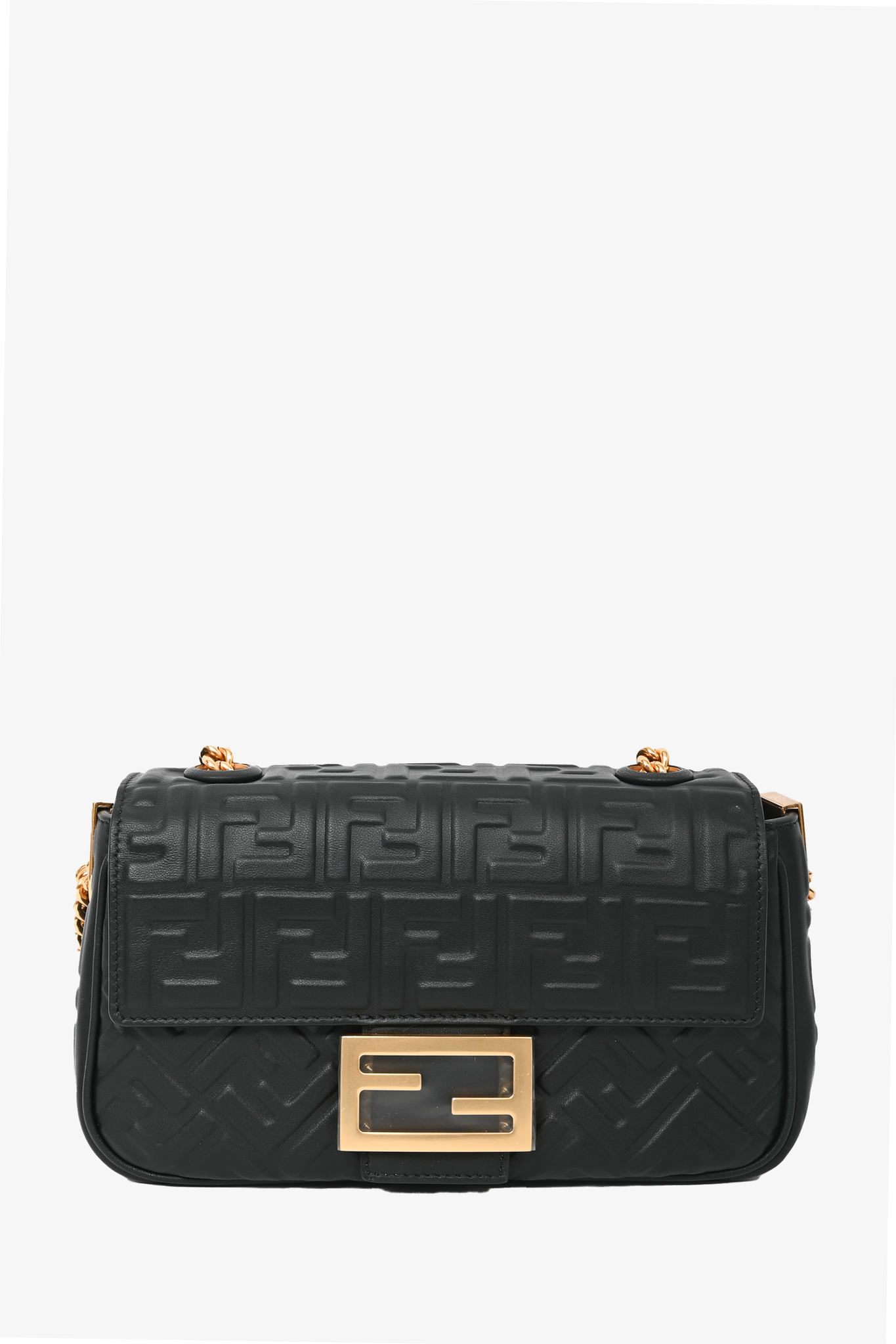Fendi Black 'FF' Embossed Leather Small Baguette Shoulder Bag