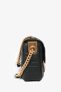Fendi Black 'FF' Embossed Leather Small Baguette Shoulder Bag