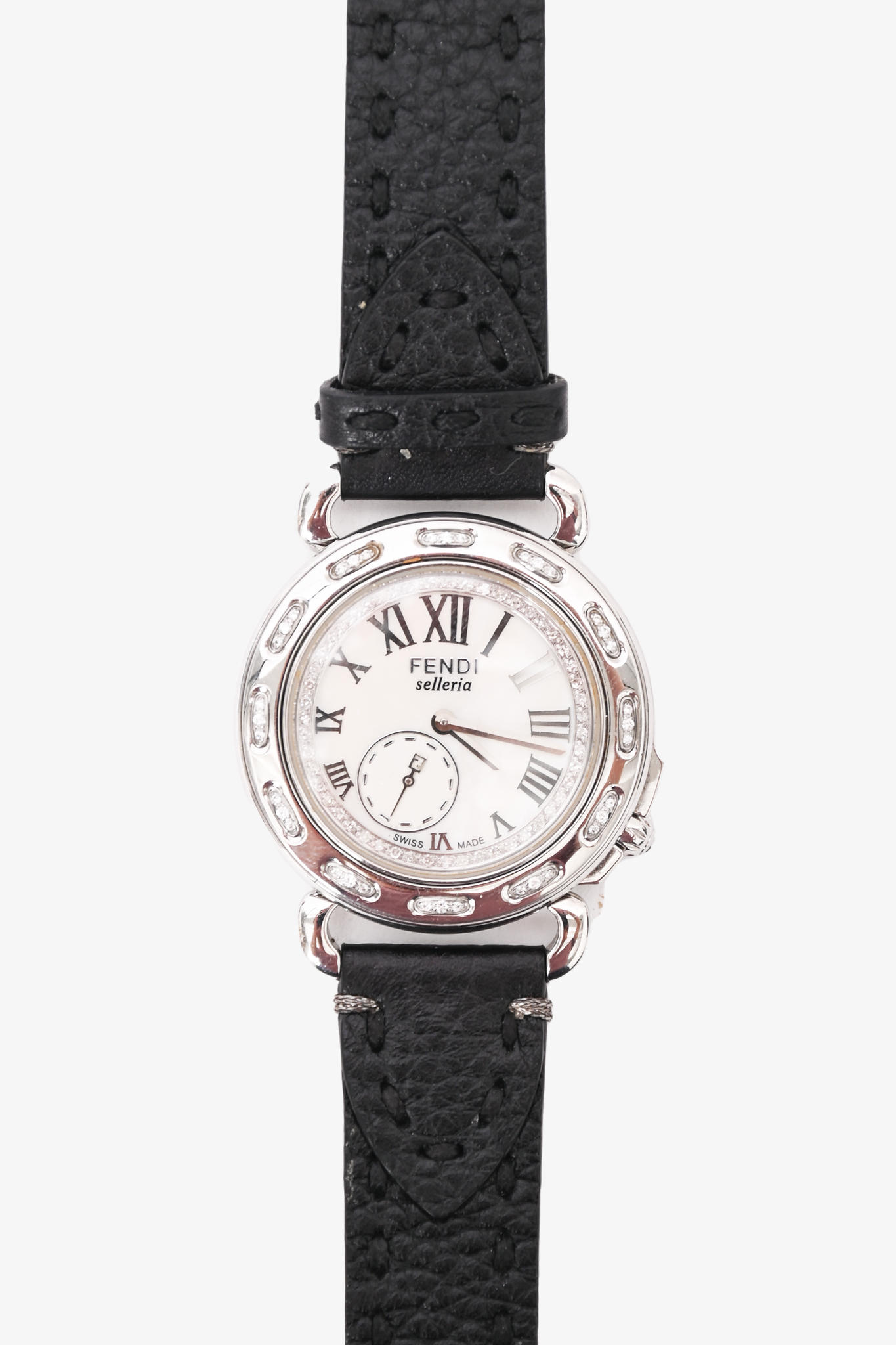 Fendi Mother of Pearl Dial Diamond Stitch 37mm Selleria Watch with Black Grained Leather Strap