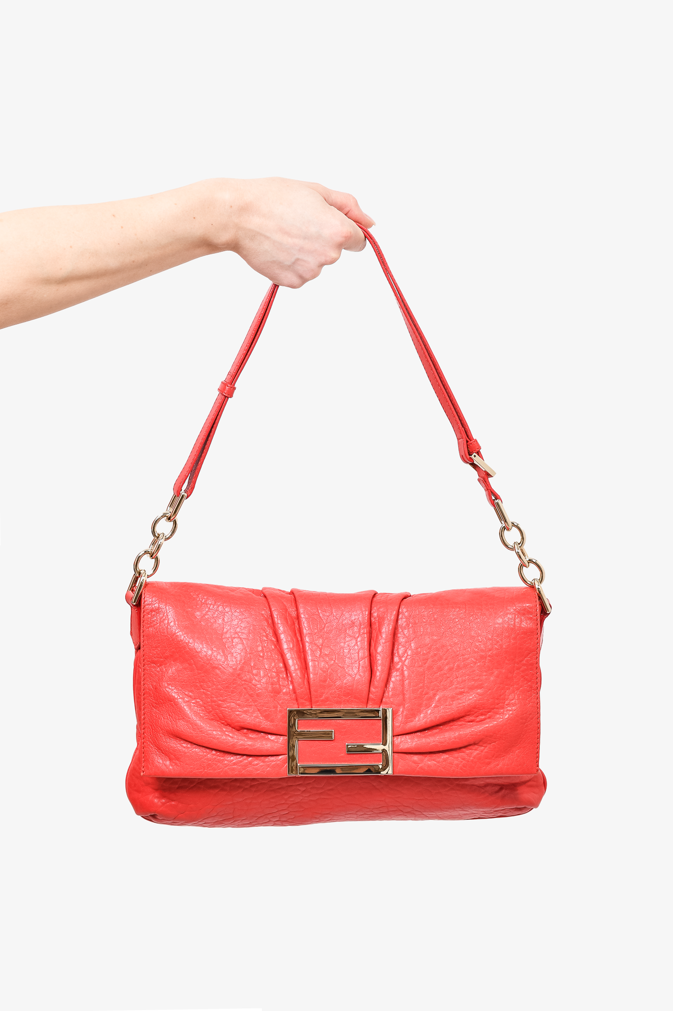 Fendi Red Grained Leather Mia Large Flap Shoulder Bag