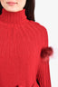 Fendi Red Wool Cape with Pom Pom Detail Size 12+