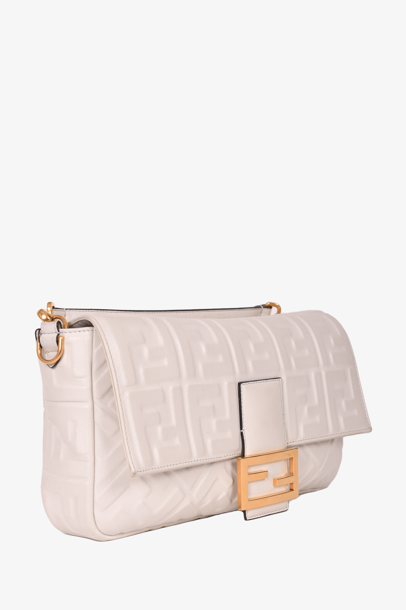 Fendi White Leather Embossed 'Nappa FF 1974' Large Baguette