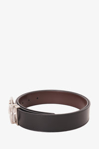 Ferragamo Black/Brown Reversible Leather Silver Gancini Buckle Belt