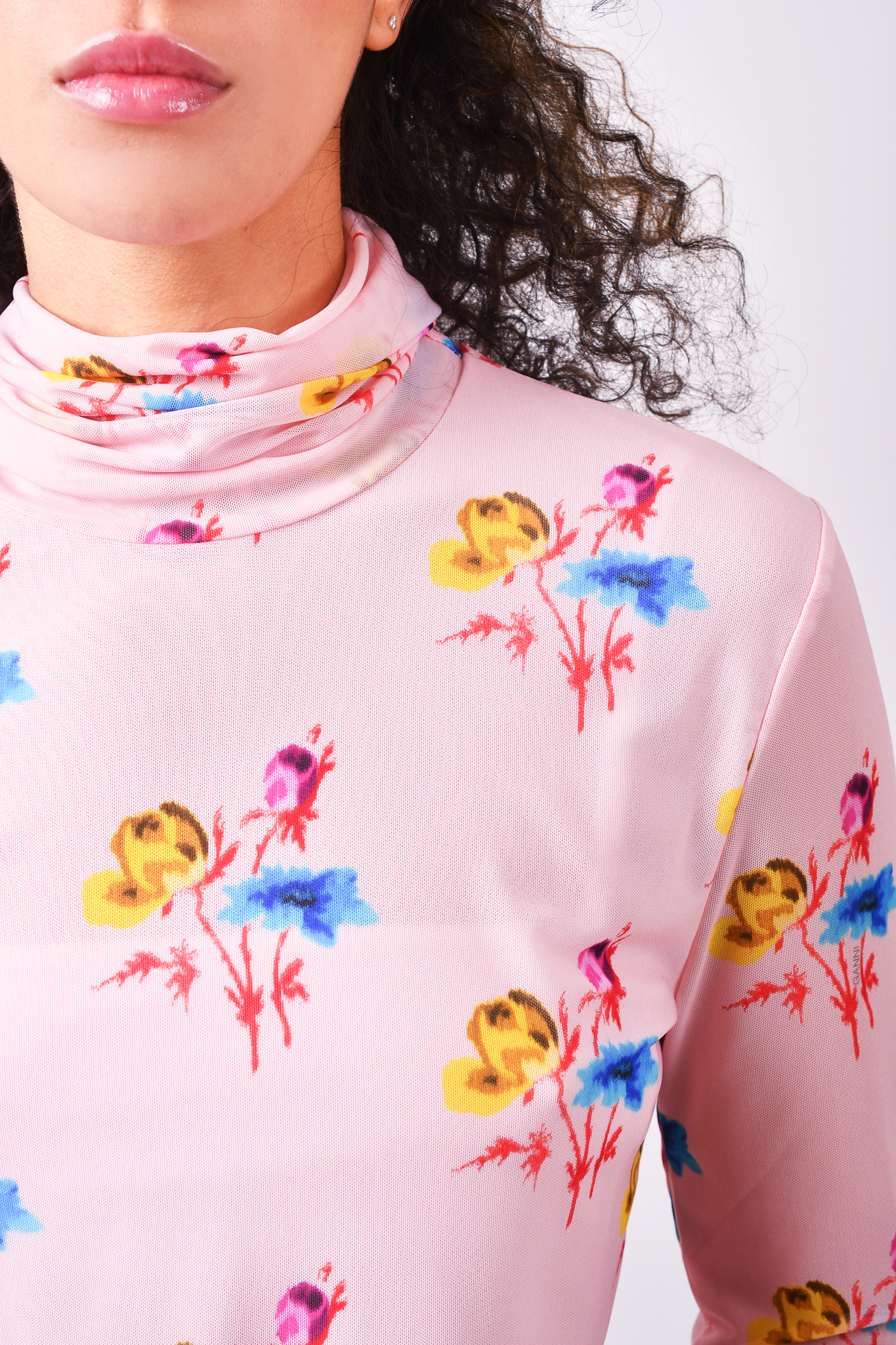 Ganni Pink Floral Mesh Turtleneck Top Size 40 Mine Yours