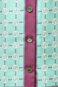 Gucci 2021 Teal/Purple GG Printed Silk Button-Up Neck Tie Dress sz 38 w/ Tags