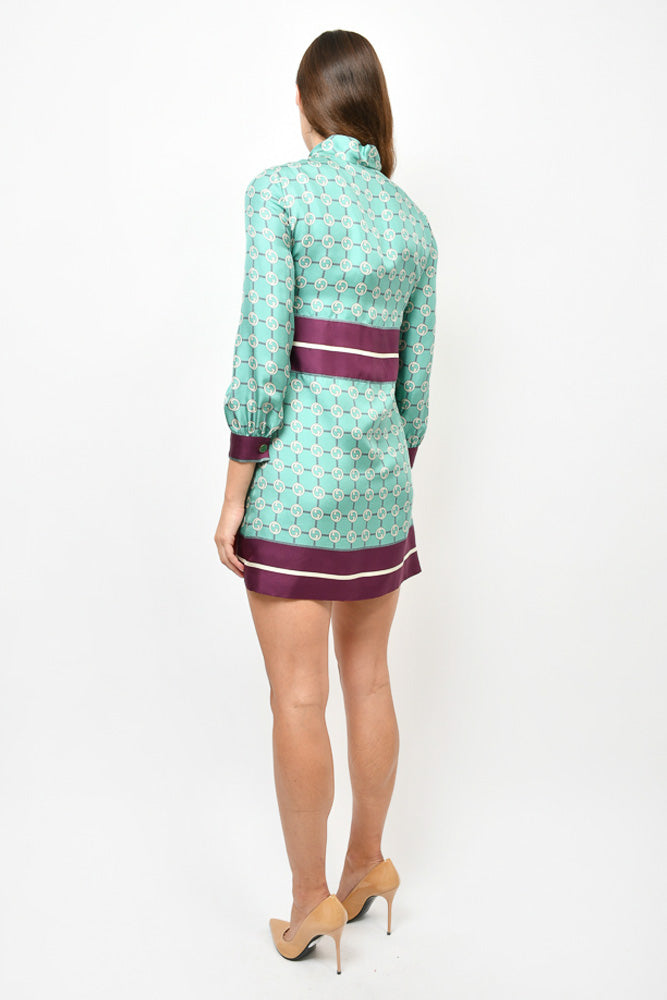 Gucci 2021 Teal/Purple GG Printed Silk Button-Up Neck Tie Dress sz 38 w/ Tags