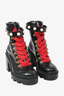 Gucci Black Leather Faux Pearl Accent Lace-Up Heeled Combat Boots Size 37.5