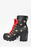 Gucci Black Leather Gold Bee Embossed Lace-Up Heeled Combat Boots Size 39