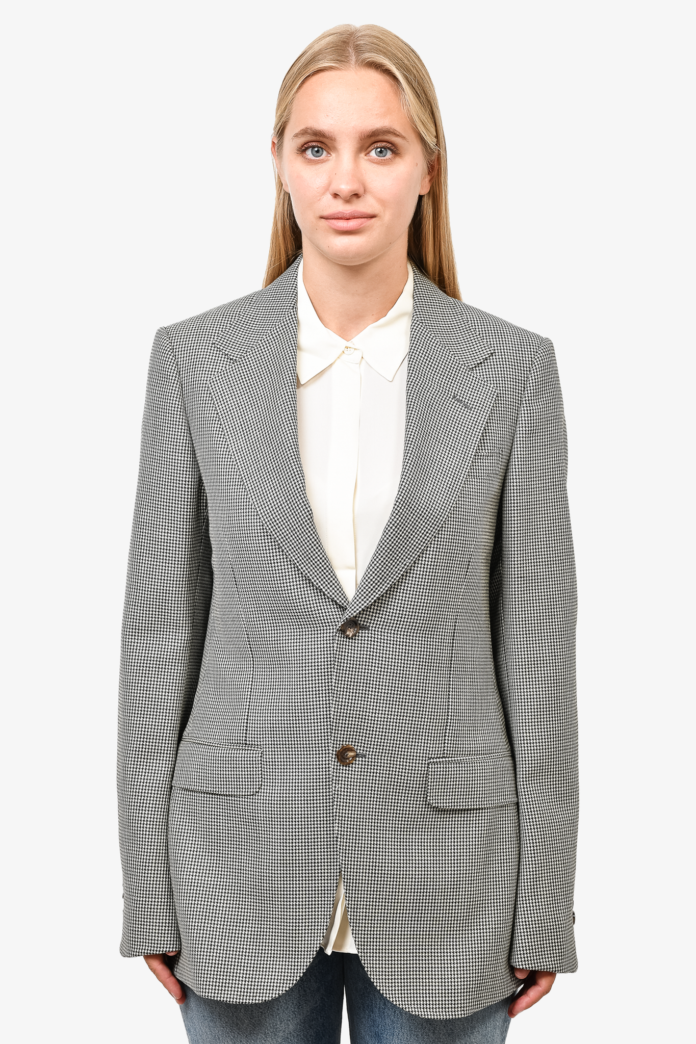 Gucci Black White Houndstooth Wool Silk Single Breasted Blazer sz