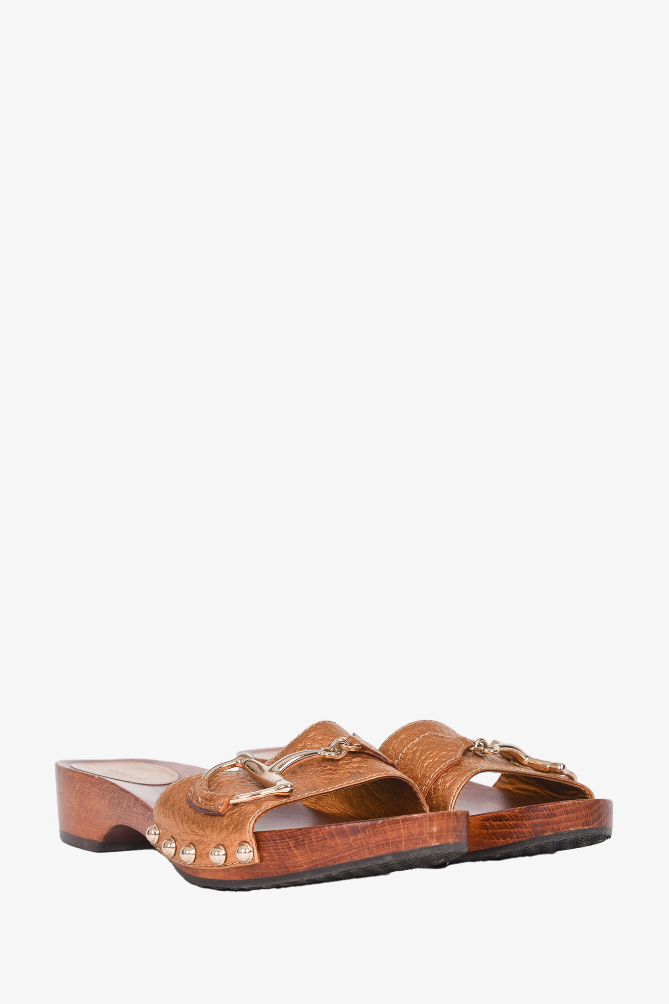 Gucci Bronze Leather Horsebit Wooden Sandals Size 6