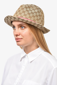 Gucci Brown GG Canvas Fedora Hat With Pink Leather Trim