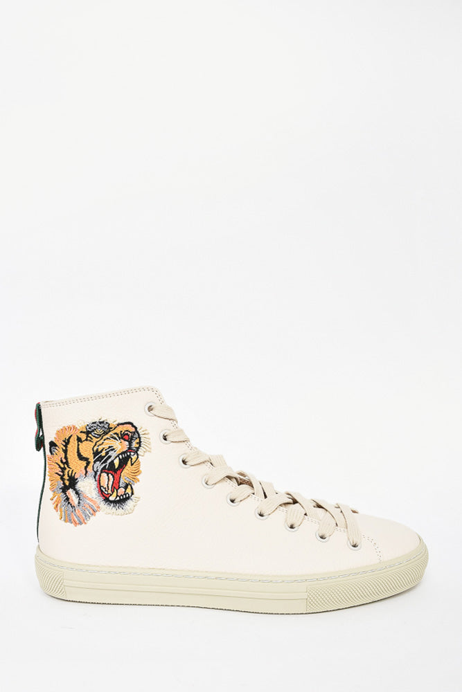Gucci Cream Leather Tiger Embroidered High Top Sneaker sz 6.5