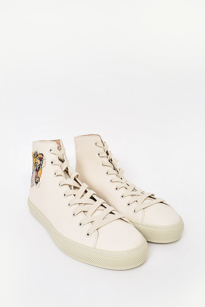 Gucci Cream Leather Tiger Embroidered High Top Sneaker sz 6.5