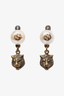 Gucci Gold Toned Faux Pearl Feline Clip-On Drop Earrings