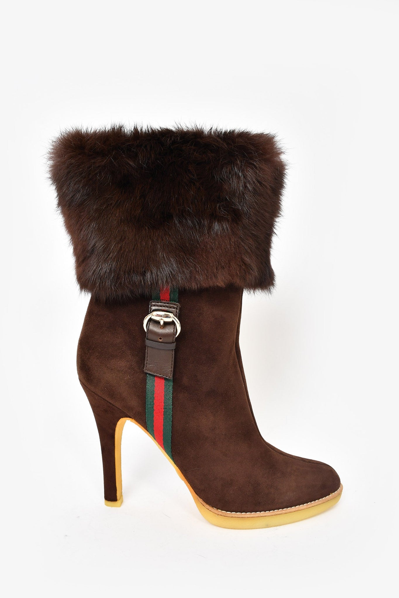 Gucci Vintage Brown Suede/Fur Heeled Web Boots sz 39