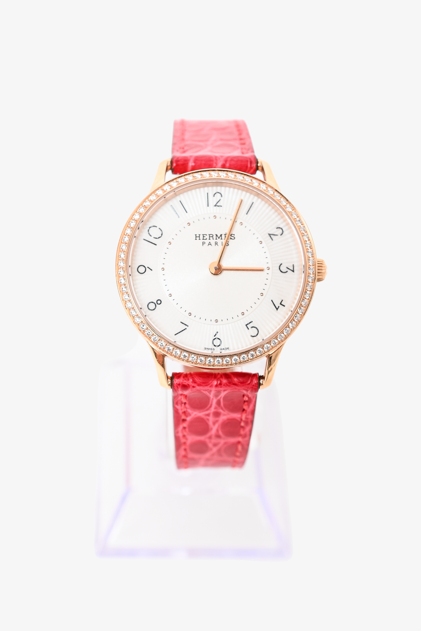 Hermes 18K Rose Gold Diamond Bezel 32mm Slim d’Hermes Watch with Magenta Alligator Strap
