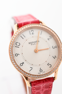 Hermes 18K Rose Gold Diamond Bezel 32mm Slim d’Hermes Watch with Magenta Alligator Strap
