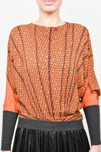 Hermes Orange/Green Grid Printed Silk Batwing Blouse with Wool Knit Cuffs Size 38